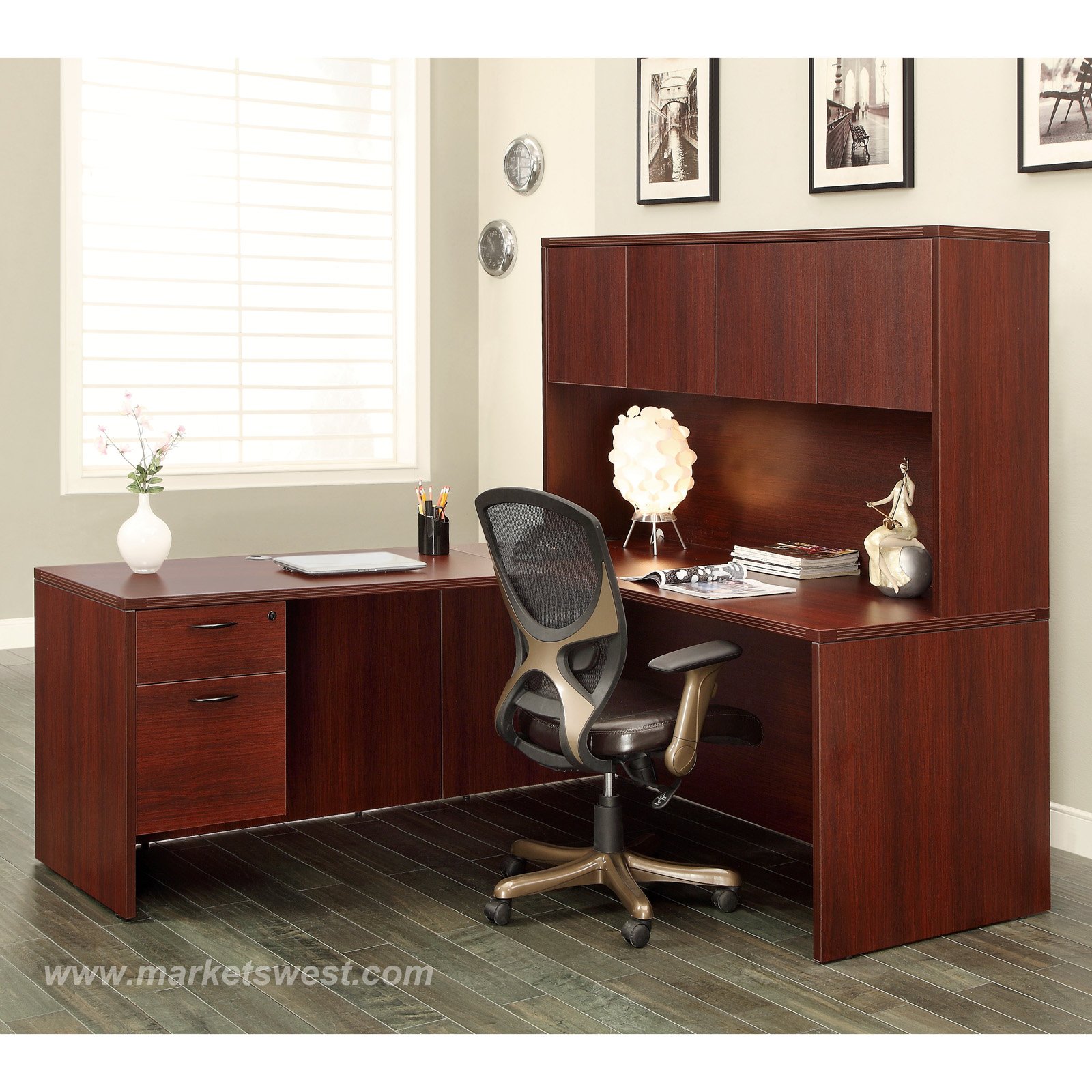 L Shape Desk With Hutch 66x78 Cherry Or Mahogany